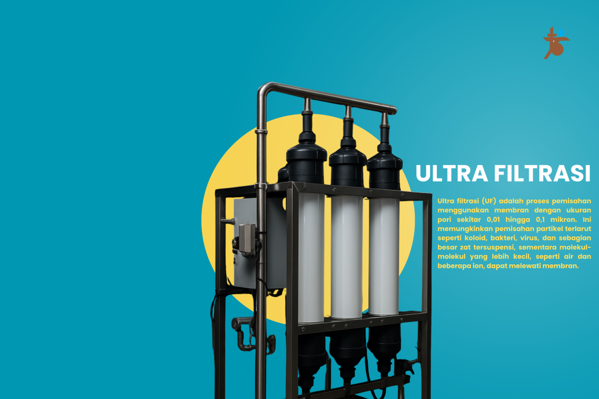 Ultra filtrasi (UF) adalah proses pemisahan menggunakan membran dengan ukuran pori sekitar 0,01 hingga 0,1 mikron. Ini memungkinkan pemisahan partikel terlarut seperti koloid, bakteri, virus, dan (2)
